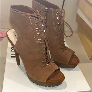 Bebe Brown Lace-Up Peep Toe Heels